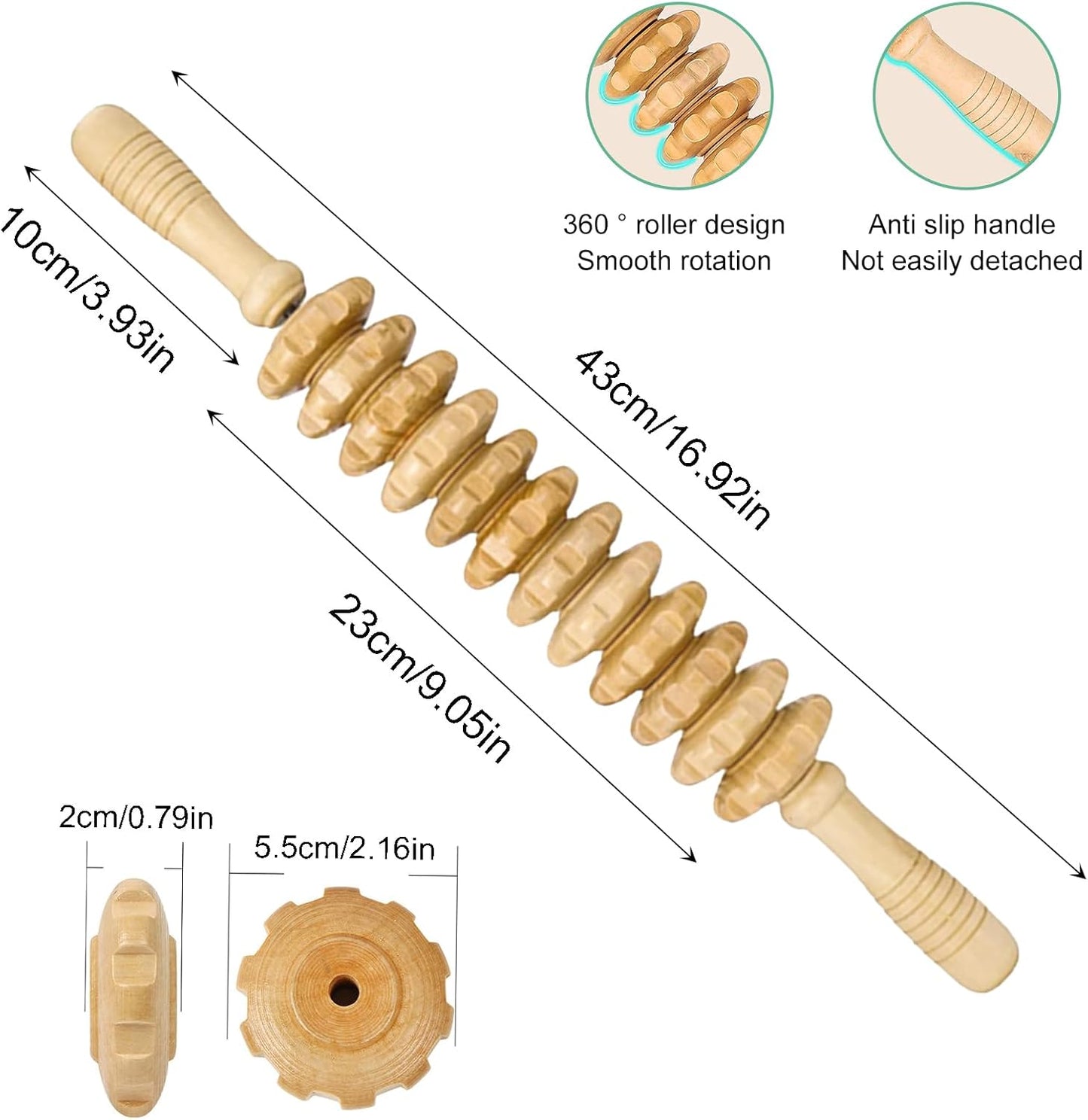 Rouleau Massage Bois anti Cellulite Masseur Maderotherapie Appareil Rouleau De Massage Avec Poignée Pour Tout Le Corps Bâton De Massage Musculaire Drainage Lymphatique (43 Cm)